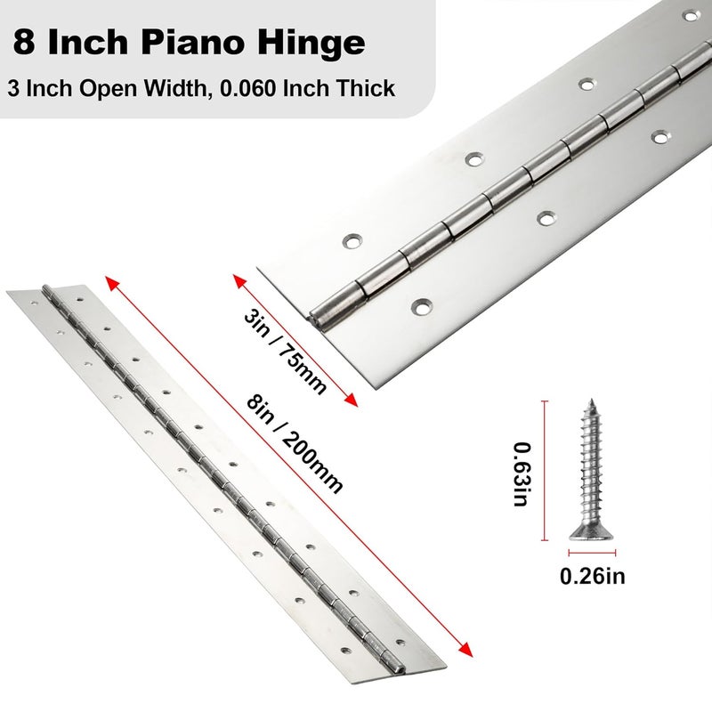 FVSEC Heavy Duty Piano Hinge 8 Inch x 3 Inch Width, True 0.060'' Thick Stainless Steel Piano Hinge for Heavy Duty Cabinet, Door, Toolbox, Wooden Box, Metal Plate, Furniture, Industrial Project - Image 2